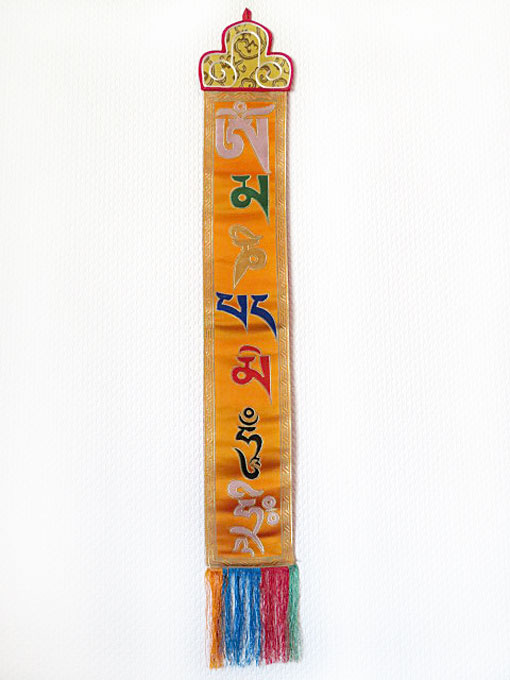 Mantra Om Mani Padme Hum Tibetischer Wandbehang oranger Brokat Nepal 